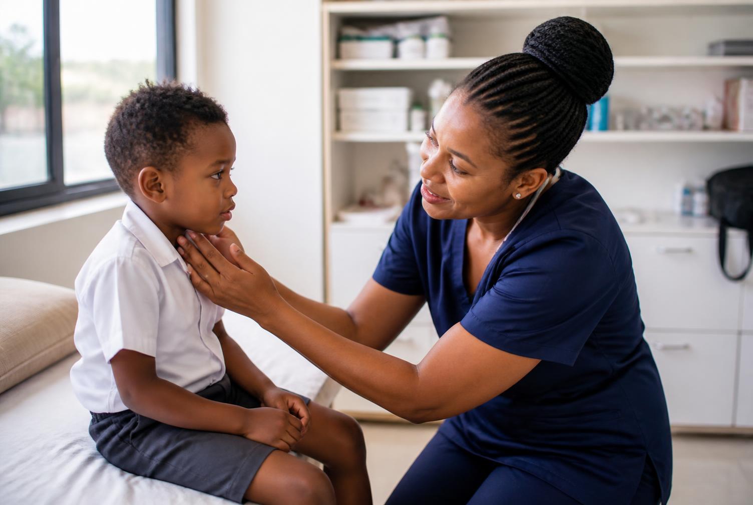 A caregiver attending to a young child