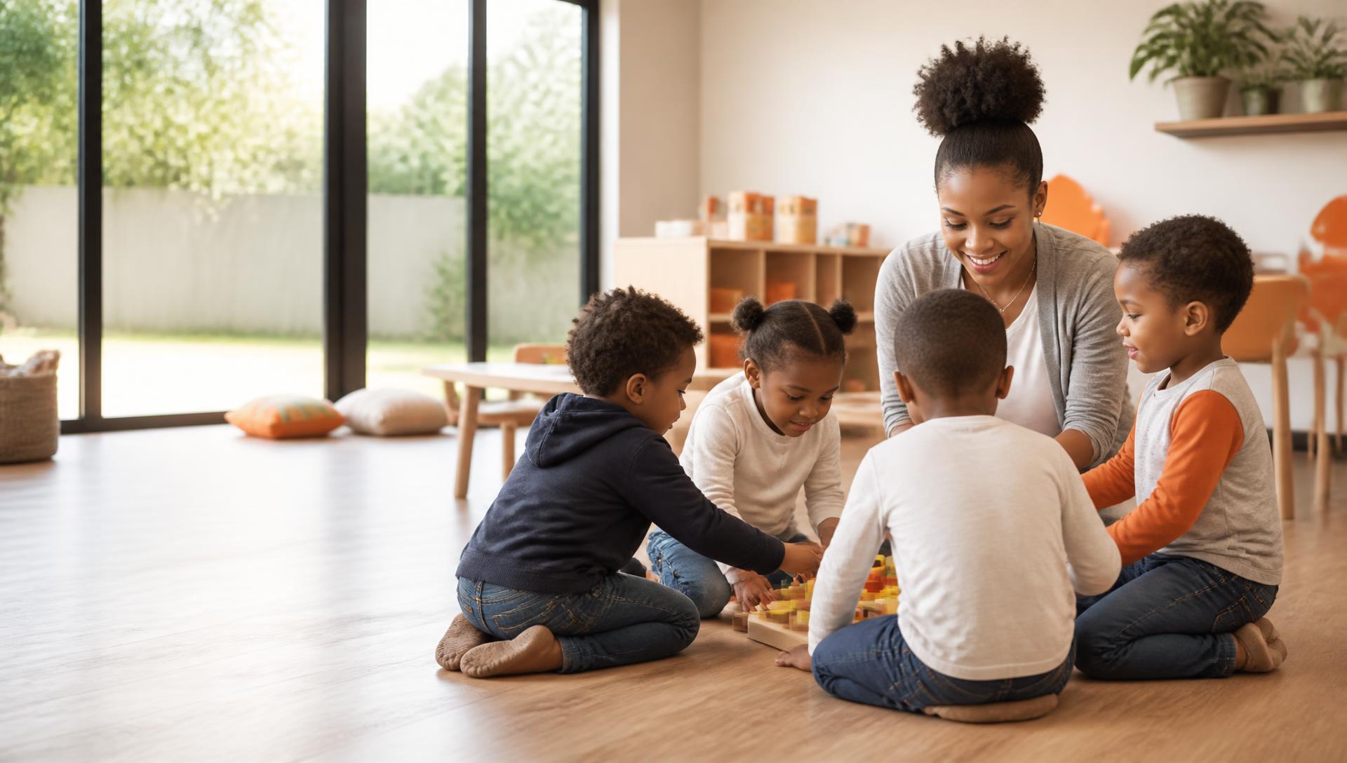 Pre-school children and their teacher exploring an activity together at Robin's Nest