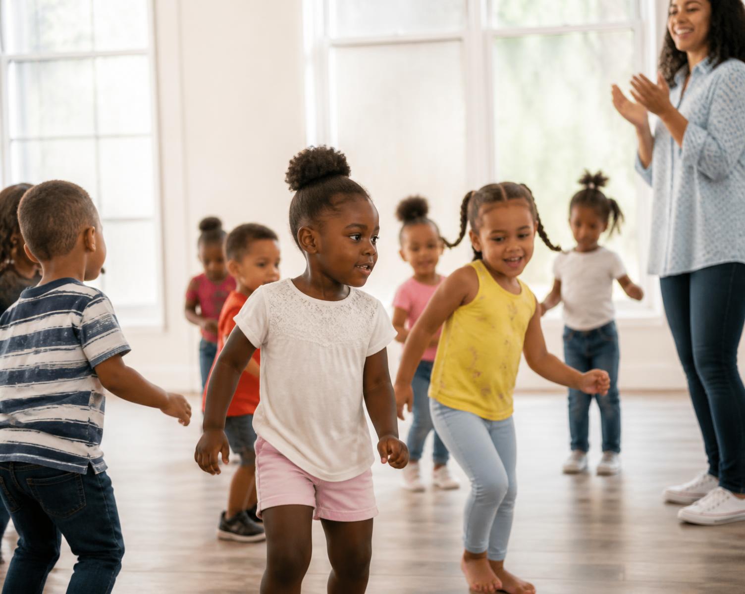 Children singing and dancing in a music and movement session