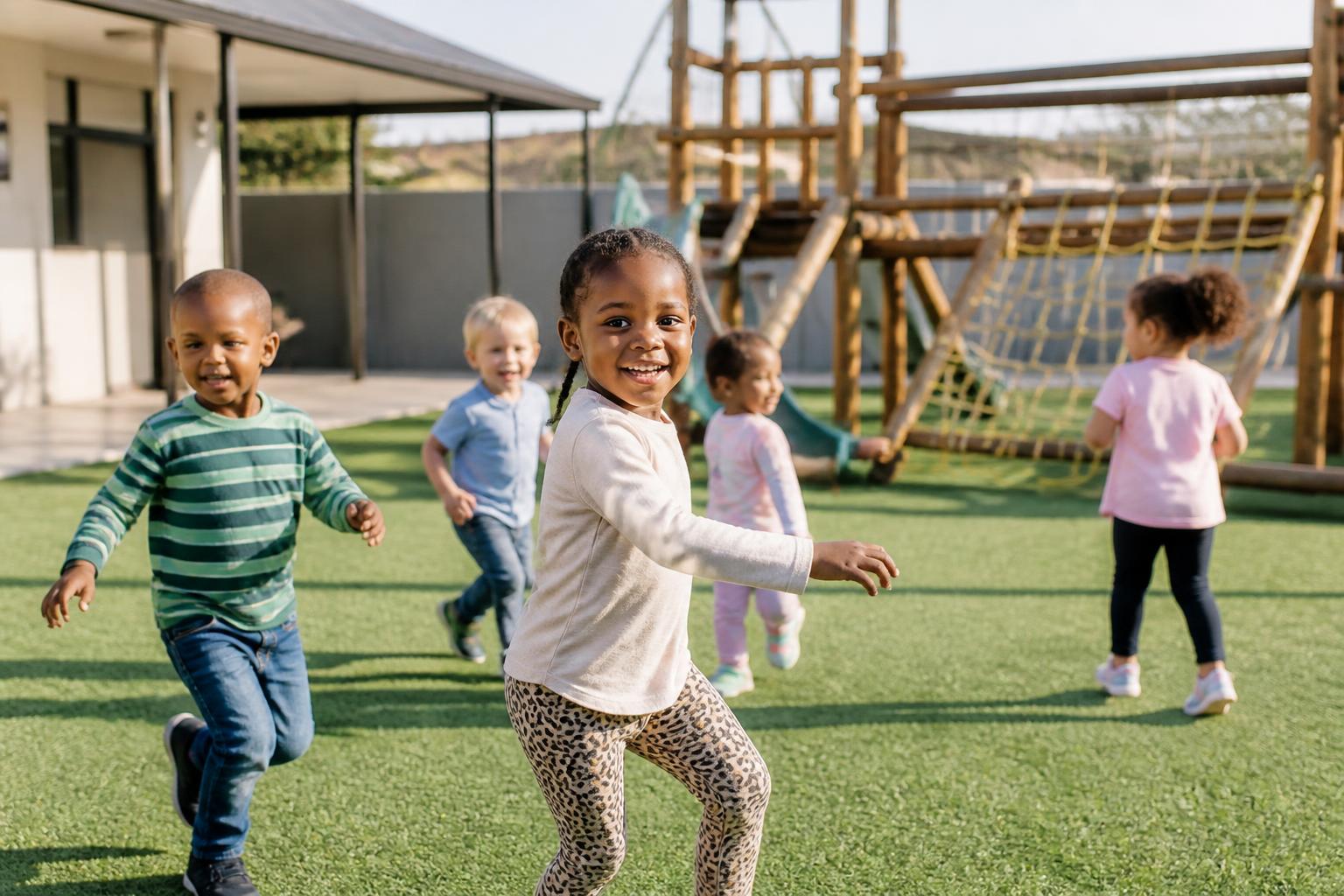 Children playing on the outdoor jungle gym at Robin's Nest