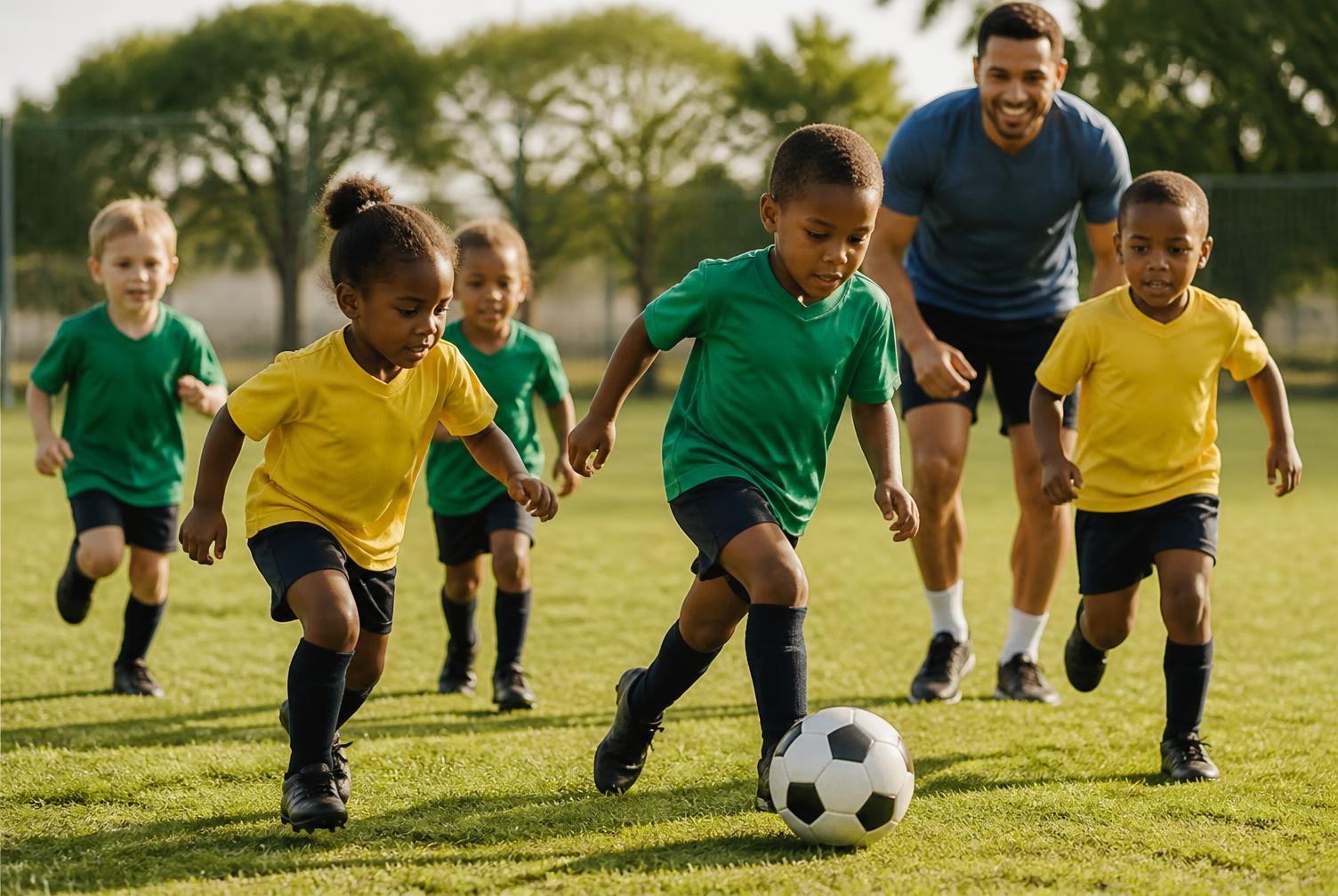 Young children playing soccer on the school field